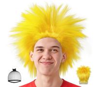 BECULINA Peluca amarilla con punta 【+gorro de cabello】 Peluca de pelo sintético divertido loco amarillo Cosplay pelucas para hombres deportes fanáticos eventos de verano fiestas disfraz divertido