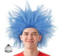 BECULINA Peluca azul Spiky 【+gorro para el cabello】 Peluca divertida para hombres cosplay personajes fiestas temáticas azul loco corto diversión pelucas para adultos Halloween disfraz fiesta traje de