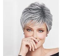 Becus - Peluca con corte pixie gris plateada, pelo corto liso con raíz oscura y flequillo, peluca de pelo sintético corto para mujer (color gris plateado con reflejos)