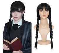 BECUS Pelucas Miércoles para Mujer Peluca Larga Trenzada Negra con Flecos Pelucas de Fiesta de Disfraces de Miércoles para Regalos de Cosplay Familiares