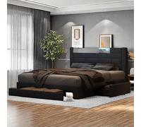 bed double avec rangement, éclairage LED, 3 tiroirs, fonction de rangement, chargement USB, montage rapide, cadre de en métal velours, classique, pour adulte, idéal pour la chambre à coucher 7J2k1L