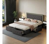 bed double avec rangement, éclairage LED, tige à gaz, fonction de rangement, chargement USB, assemblage rapide, cadre de en métal PU, classique, pour adulte, convient pour chambre à coucher S9t2U4