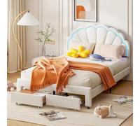 Bed Double rembourré, Avec tête de florale éclairée par LED, coffre de Rangement Avec tiroir d'extrémité, à Lattes, en Velours, pour Adolescent et fille, Blanc S1t7U3