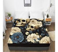 Bed Sheets Cráneo De Flores Azules Sabana Bajera Protector Cama Transpirable Cubre Colchon Lavable Sabana Bajera 200x200 Funda Colchon Microfibra Cubrecolchon Elastico Ajustable Juego de Sabanas