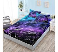 Bed Sheets Galaxy Azul Púrpura Sabana Bajera Protector Cama Transpirable Cubre Colchon Lavable Sabana Bajera 200x200 Funda Colchon Microfibra Cubrecolchon Elastico Ajustable Juego de Sabanas