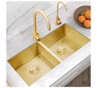 BEdaw Fregadero de Cocina Dorado de Doble Cufregadero de Acero Inoxidable Cepillado de 30"-34" con 2 Escurridores Dorados Y Componentes de Montaje Varias Opciones de Paquete/B/75 * 40 * 22Cm