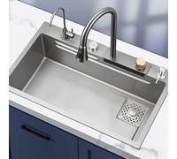 BEdaw Fregadero de Cocina Grifo de Cascada Tipo Sorteo Fregadero de Acero Inoxidable 304 Lavabo de Verduras Gris para Instalación Debajo de la Mesa Y Empotrada/Gray/75 * 45Cm
