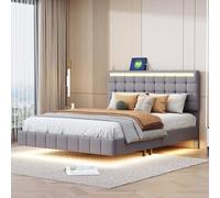 bedbelupai Cadre de rembourré pour Double - - Cadre de flottant Avec lumières LED et tête de réglable en Hauteur Avec 2 Stations de Charge USB - Tissu en Lin - Pour 2M8n5O