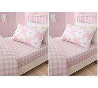 Bedlam Sábana Bajera Ajustable para Cama Individual (190 x 90 cm), diseño de Cuadros en Color Rosa, Ropa de Cama Floral para niñas, poliéster (Paquete de 2)