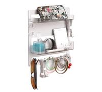 Bedside Floating Shelf - Aesthetic Wall Mounted Organizer Shelf, Strong Adhesive Installation, Integrated Hooks, Cord Management Clips | Bedroom, Living Room, Nightstand Alternative, Small Item