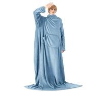 Bedsure Batamanta Mujer Flanelle Invierno - Bata Manta Hombre para Sofa, Manta con Mangas con Bolsillo Frontal, Tejido Felpa Suave y Acogedor, 150x200cm, Azul