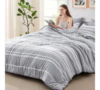 Bedsure Bed in a Bag - Juego de Ropa de Cama tamaño Queen de 7 Piezas, Reversible, a Rayas Color Gris y Blanco, Juego de edredón con edredón, sábanas, Fundas de Almohada y Fundas de Almohada