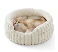 Bedsure Cama Lavable para Gato - 51x51 cm, pequeño Nido Redondo para Gatos de Interior, Cesta para Cachorro con Base Antideslizante y cojín Reversible extraíble, Blanco