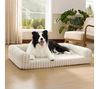 Bedsure Cama Perro Ortopédica Grande - 89x64x18cm Camas para Perros Tipo Sofá con Espuma Viscoelástica y Bordes, Impermeable, Base Antideslizante, Funda de Pana Extraíble y Lavable, Crema