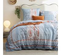 BEDSURE Juego de ropa de cama 200x200 algodón, funda de edredón - Azul con patrón boho, juego de ropa de cama de 200 x 200 cm, 3 piezas con 2 fundas de almohada de 80x80 cm, ropa de cama reversible