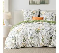 BEDSURE Juego de ropa de cama reversible de algodón, 155 x 220 cm, funda nórdica de 3 piezas con 2 fundas de almohada de 80 x 80 cm, color verde salvia, diseño de flores, con cremallera