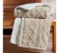 Bedsure Manta Sofa Pequeña Invierno - Manta Grande Polar Jacquard Reversible de Sherpa, Microfibra Suave y Borreguito Camello
