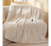 Bedsure Mantita eléctrica 130x180cm, Apagado automático, 6 Niveles de Calor, Temporizador 10h, protección sobrecalentamiento 8h, acogedora para hogar & Oficina, Crema Rayado