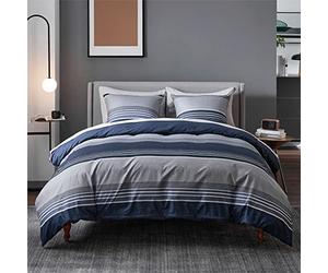BEDSURE Ropa de cama de 155 x 220 cm, 3 piezas, funda nórdica de 155 x 220 cm, color azul, con 2 fundas de almohada de 80 x 80 cm, certificado Öko-Tex suave y no necesita planchado, diseño de rayas