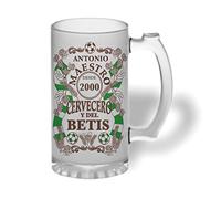 BEE INGENIOUS Jarra cerveza personalizada Maestro cervecero y del Betis de cristal esmerilado con nombre y año personalizados.Regalos para hombres.Regalos para padres, novios, hermanos.(Maestro Betis)