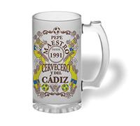 Bee Ingenious Jarra cerveza personalizada Maestro cervecero y del Cádiz de cristal esmerilado con nombre y año personalizados Regalos para hombres. Regalos para padres, hermanos. (Maestro Cádiz)