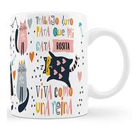 Bee Ingenious Taza gato personalizada con nombres. Regalos para mamas gatunas. Regalo para papa gatuno.Tazas Personalizadas de Cerámica Tazas originales. Tazas divertidas (Trabajo duro gata)
