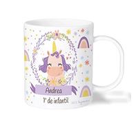 Bee Ingenious Taza PLÁSTICO infantil personalizada. Tazas nombre Vuelta al Cole infantil. Tazas con nombre. Tazas desayuno niños. Varios Diseños a Elegir. Colección: Dulce. Unicornio.