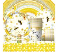Bee Partygeschirr Set,Doyomtoy Bee Peach Babyparty Deko Serve 20 Gäste Geburtstag Partygeschirr,Tischdecken,Teller,Tassen,Servietten für Babyparty Partyzubehör Geburtstag