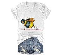 Bee Strong Camiseta Divertida Abeja Miel Cuello en V Camiseta de Algodón para Mujeres, Blanco, XXL