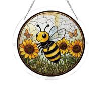 Bee Suncatcher, 19CM Acrylic Hanging Ornament, Round Light Catch Decor, Metal Chain Window Pendant, Puzzle Pattern Sun Catch Art, Decorative Garden Display Piece | For Home Balcony Wall