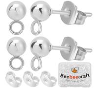 Beebeecraft 1 caja de 100 pendientes de Bola para Hacer Joyas 925 pendientes de Bola Redondos Chapados En Plata de Ley Y 304 de Acero Inoxidable con 100 tuercas para Pendientes