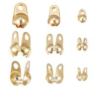 Beebeecraft 1 caja de 150 puntas de cuentas de latón chapado en oro de 18 quilates de 3 tamaños, cubierta de nudo, tapa de extremo de concha, cuentas engarzadas, cierre de conector de cadena de bolas