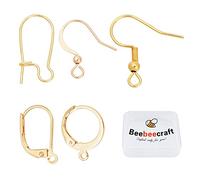 Beebeecraft 1 caja de 50 ganchos para aretes de 5 estilos con agujero de bucle, chapado en oro de 18 quilates, kit de fabricación de aretes con cierre de palanca para hacer joyas y aretes