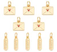 Beebeecraft 10 Unidad 2 Estilos Dije de sobre Dorado Dijes de San Valentín Al por Mayor Auténtico Latón Chapado En Oro de 18 Quilates Esmalte Corazón Rojo Ovalado Palabras de Amor Estética Brillante