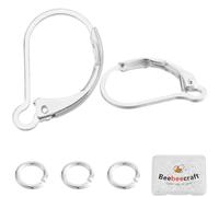 Beebeecraft 40 pieza de Accesorios para Pendientes con Cierre de Palanca 925 ganchos para Pendientes Franceses Chapados En Plata de Ley de 15.5x10x1.5 mm con 40 anillos de Salto para Hacer Joyas