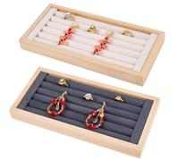 Beebeecraft Bandeja de Madera para Anillos Y Pendientes de 2 Colores con 2 Ranuras Rectangular de Terciopelo para Exhibir Anillos Organizador de Joyas de Madera para el Hogar Escritorio Tienda