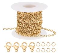 Beebeecraft Cadenas de Cable de Latón de 16.4 pie, Cadena de Eslabones Ovalados Planos Chapados En Oro de 18 Quilates con 20 Cierres de Pinza de Langosta Y 50 Anillos de Salto para Hacer Collares