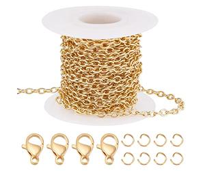 Beebeecraft Cadenas de Cable de Latón de 16.4 pie, Cadena de Eslabones Ovalados Planos Chapados En Oro de 18 Quilates con 20 Cierres de Pinza de Langosta Y 50 Anillos de Salto para Hacer Collares