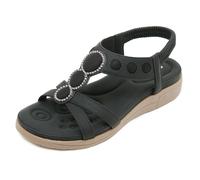 Beeblily Sandalias planas para mujer con diamantes de imitación, plantilla suave, puntera abierta, cómodas, correa elástica al tobillo, zapatos para caminar, 5012f Negro, 40 EU