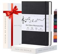 Beechmore Books Cuaderno de música A4 (21,6 x 29 cm) - 156 páginas, 120 g/m² | Tapa dura piel vegana, hojas con pentagrama perforadas, apertura plana, caja de regalo para músicos