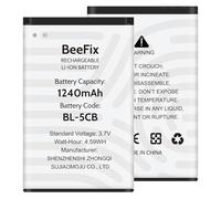 Beefix BL-5CB - Batería de repuesto de 1240 mAh compatible con Nokia 100, 101, 103, 111, 113, 1280, 1616, 1800, C1-01, C1-02, C2-01, C2-02, C2-03, C2-06, X2 01, 01, 02. 1,0 x 2 cm. -05 y más.