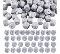 BEEFLYING 108 Piezas Cubo Gris Cuentas de Silicona Letra Número Cuadrado Dado Alfabeto Cuentas con 2mm Agujero Espaciador Letras Sueltas Cuentas para Pulsera Collar Fabricación de Joyas