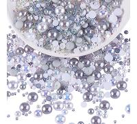 BEEFLYING 60g Cabujón de Perla semiredonda con Reverso Plano Mixto y Diamantes de imitación de Resina para Arte de uñas y Manualidades DIY, Cuentas semiredondas de 3 mm-10 mm (Gris Blanco)