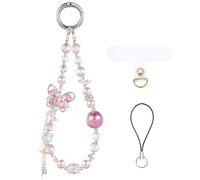 BEEFLYING Correa para Teléfono con Cuentas Rosas, Pulsera de Cristal, Pulsera de Perlas, Llavero con Mariposa, Funda para Cámara y Billetera