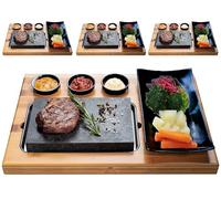 BEEFSTONE Juego de 4 tablas de carne de piedra de lava y placa de porcelana para tostar carne y pescado sobre piedra caliente (4 x Uno Black)