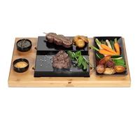 Beefstone piedra tablero de carne y pescado, conjunto de parrilla volcánica y placa de porcelana de bambú