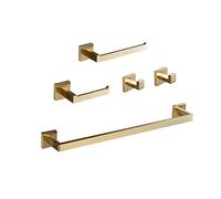Beelee Conjunto de hardware de baño 5 piezas Dorado cepillado, montado en la pared Accesorio de baño moderno 304 acero inoxidable Barra de toalla Porta papel higiénico Ganchos para batas