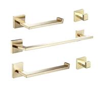 Beelee Juego de accesorios de baño, juego de accesorios dorados, toallero, anillo de toalla de mano, soporte de papel higiénico + 2 ganchos para toallas, acero inoxidable SUS montado en la pared,