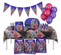 BeenSmile Decoracion Cumpleaños Infantil Monster High, Pack Fiesta Infantil 62 Piezas con Platos, Vasos, Servilletas, Globos, Mantel, Bolsas de Regalo, Gorros y Banderines