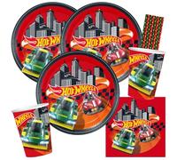 BeenSmile Hot Wheels - Juego de 36 platos de papel, vasos de papel, servilletas + 8 pajitas de papel para cumpleaños infantiles